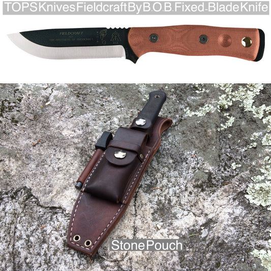TOPS Knives Fieldcraft By B.O.B. Fixed-Blade Knife Bushcraft Sheath- Stone Pouch